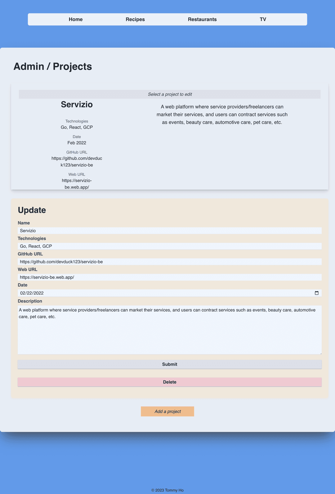 screenshot of project website